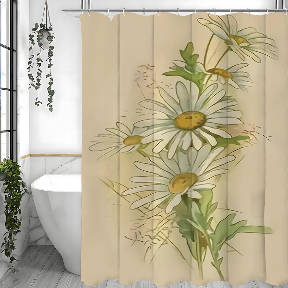 Small Daisy Flower Shower Curtain - Waterproof Bathroom Decor with Hooks