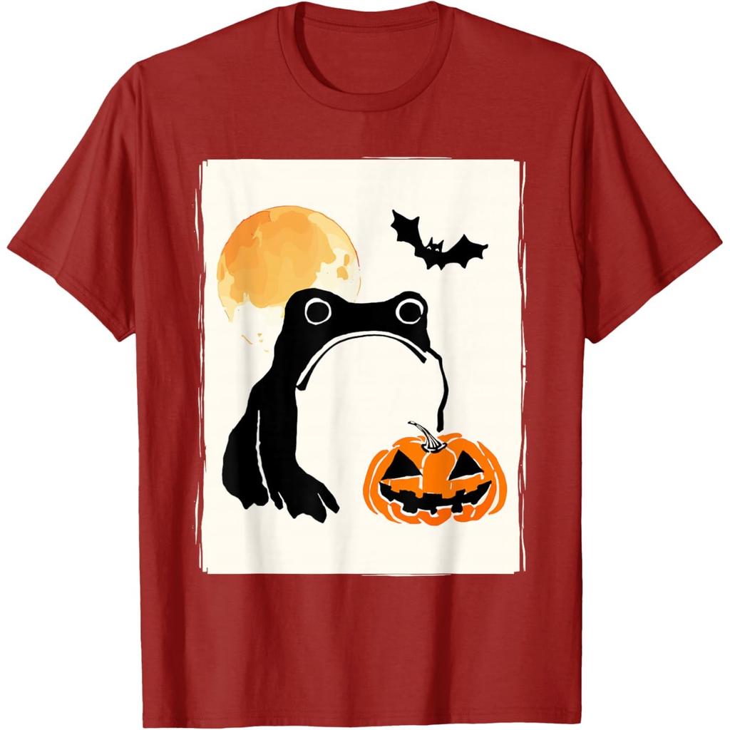 Sad Frog Halloween Pumpkin Graphic Tee Funny Japan Art Short Sleeve Casual T-Shirt
