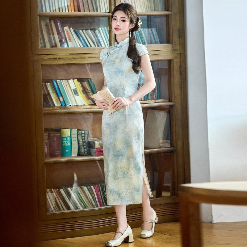 Elegant Green Modern Chinese-Inspired Sleeveless Long Cheongsam Dress 2026 Womens Vintage Chic Fit Medium