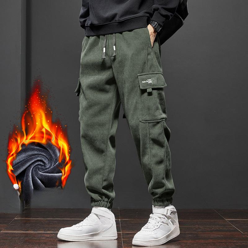 Vinter Nye Herre Fleece Kordfløyel Myke Cargo Haremsbukser Fortykket Varm Elastisk Løs Street Jogging Sportsbukser Herre