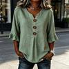 Women Shirt Stand-Up Collar V-Neck Buttons Decor Half Sleeve Ruffle Cuffs Pullover Tops Pure Color Loose Fit Summer Tops