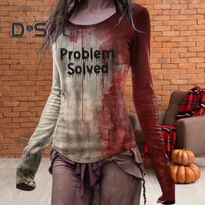 Halloween T-Shirt für Damen, Rundhalsausschnitt, Langarm, Horror-Shirt, Blut-Print, Sweatshirt, Halloween, leichtes Slim Fit, Sport-Tops