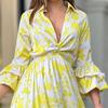 Summer New Europe and The United States Women's Printed Deep V-neck Flared Sleeve Oversized Hem Dresses