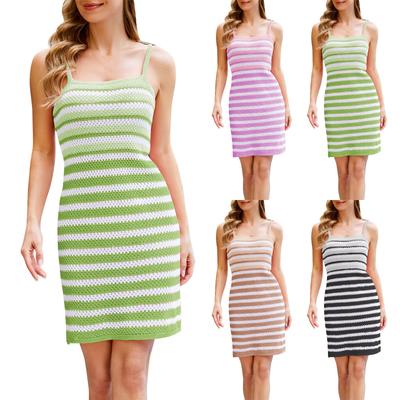 Summer New Women's Sexy Knitted Suspender Skirt Striped Color Block Beach Dress