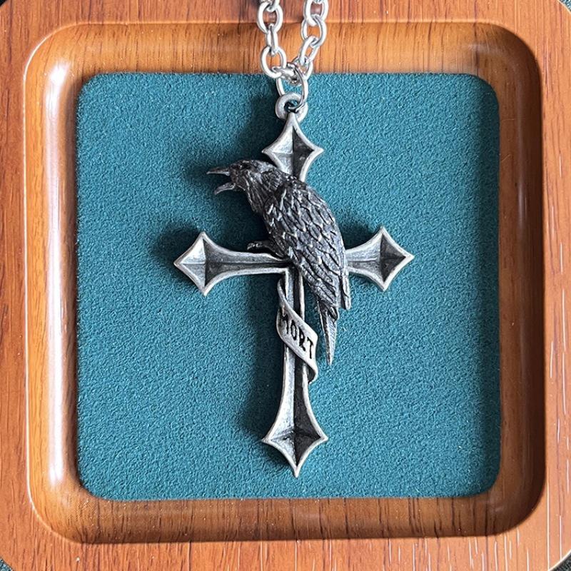 Gothic Punk Black Raven Cross Necklace: Trendy, Versatile Men's Jewelry in Euro-American Retro Dark Style.