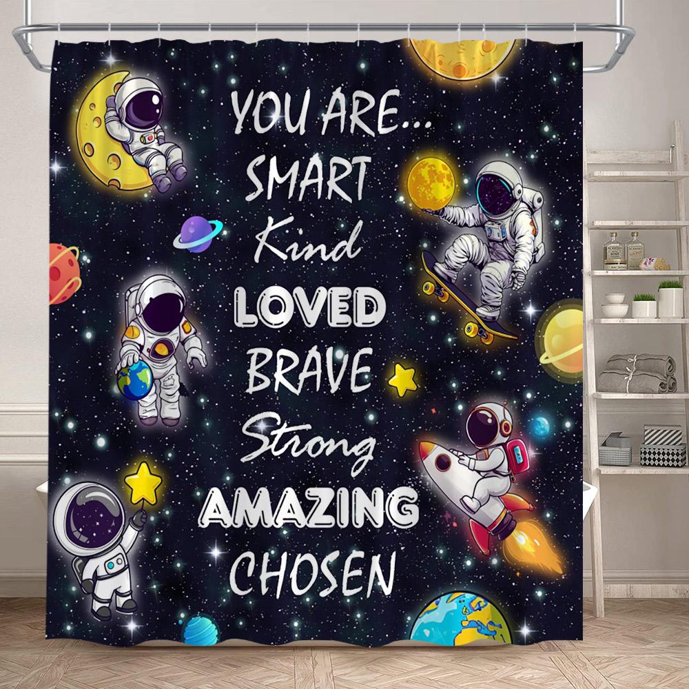 Kids Outer Space Funny Shower Curtains Astronaut Quotes Cartoon Galaxy Planets Child Cute Rocket Art Printed Home Bathroom Decor
