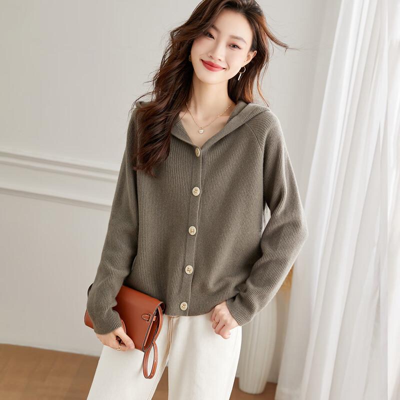 Srcr Women's 100% Wool Textured Hooded Knit Cardigan