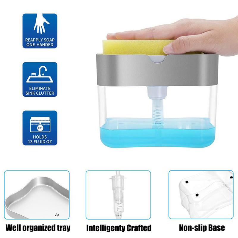 6 Colors Soap Pump Dispenser with Sponge Holder Cleaning Liquid  Press  Organizer Container Manual Cleaner Tool