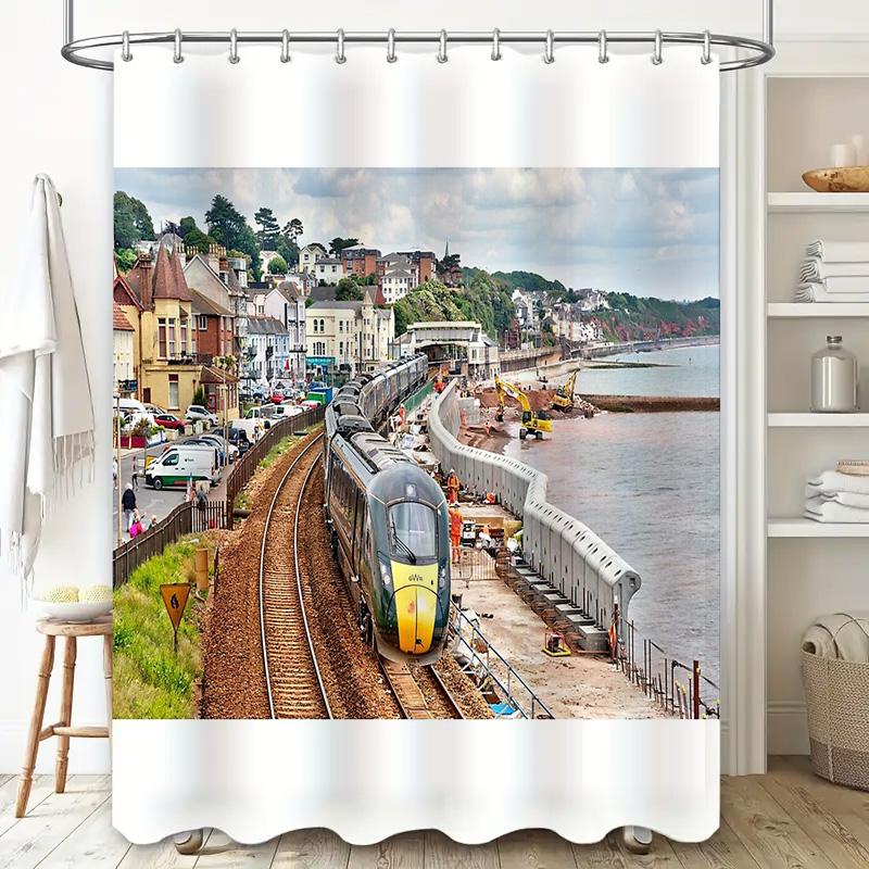 Zug Landschaft Duschvorhang Eisenbahnlandschaft Badezimmer Dekor Vintage Dampfmaschine Reisefotografie Kulisse Waschraum Kunst