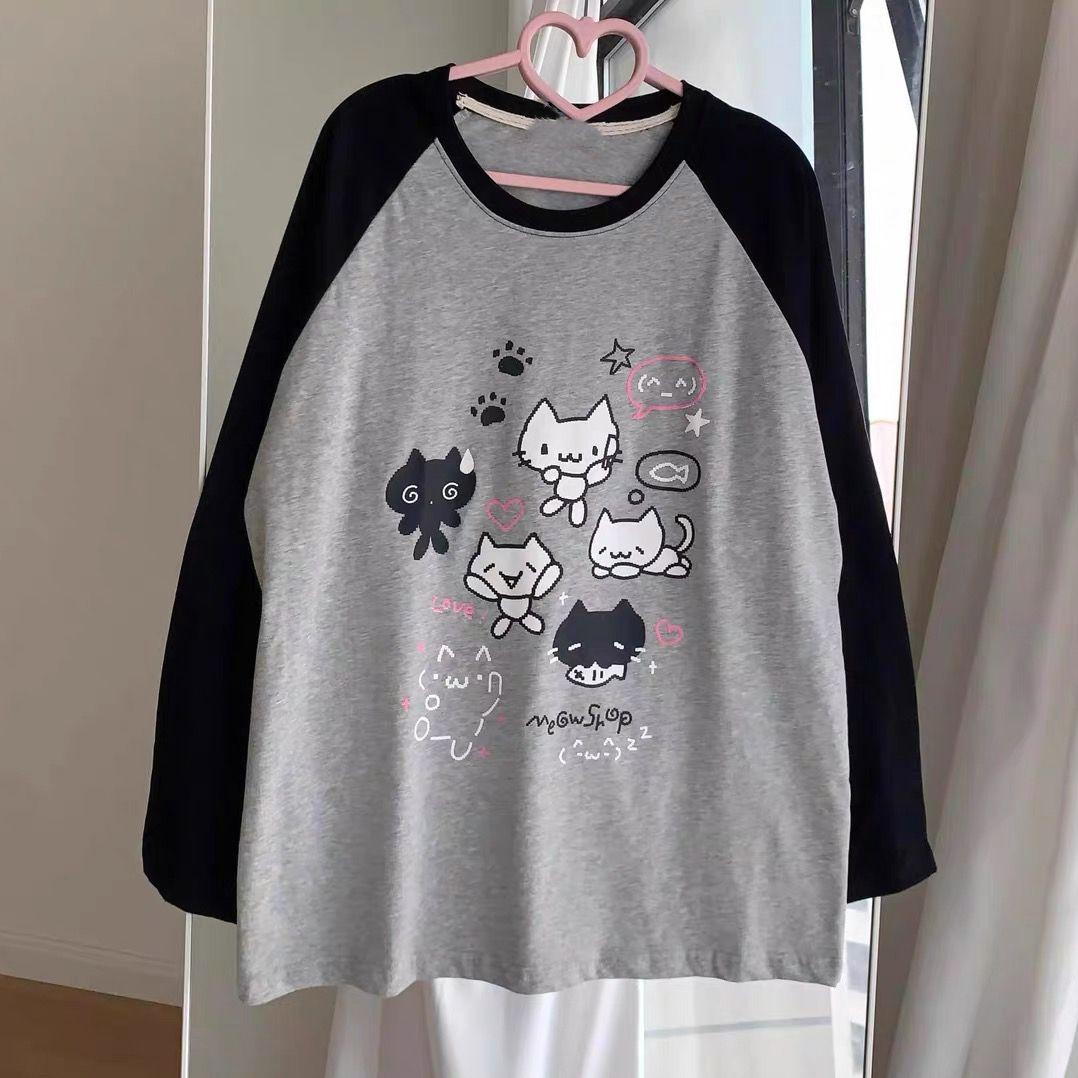 

Футболки с принтом кошек Kawaii для женщин, аниме, мультяшная графика, рукав реглан, топы, готика, японский стиль, осень, одежда Cutecore S серый