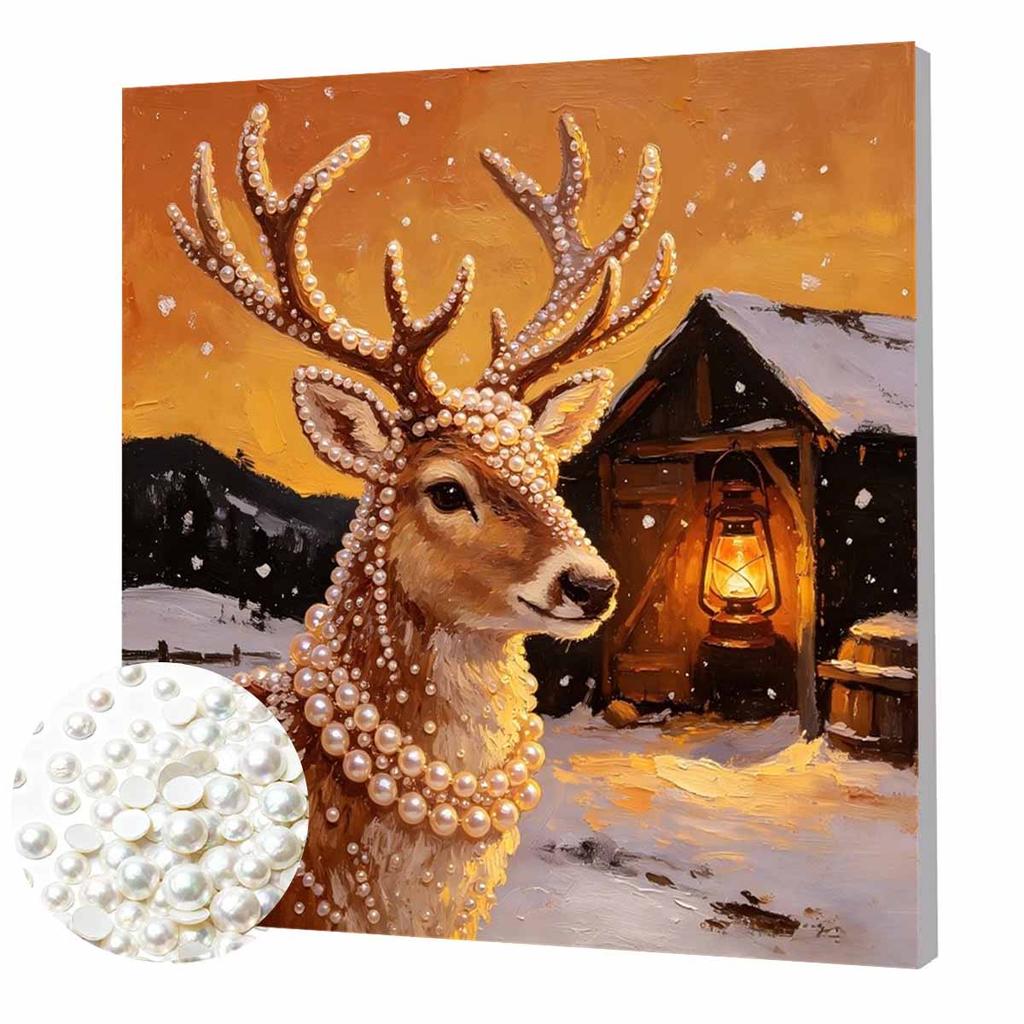 DIY Mini Framed Pearl Painting Kit Beads Winter Deer Lantern Canvas Home Decor Painting