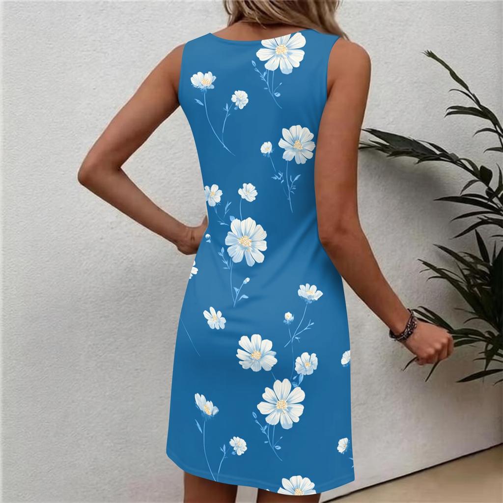 Women's Sleeveless Floral Print Dress Casual Round Neck Summer Dress Lightweight Comfortable Fit Mini Dress