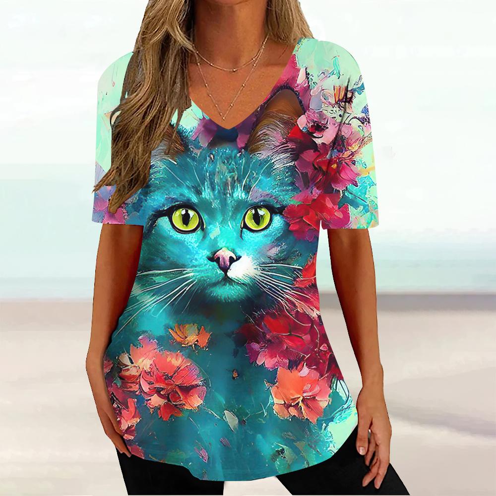 Letní nadměrné dámské tričko ležérní dámské tričko s krátkým rukávem roztomilá trička pulovr jednoduchost zvířecí potisk top volné oblečení