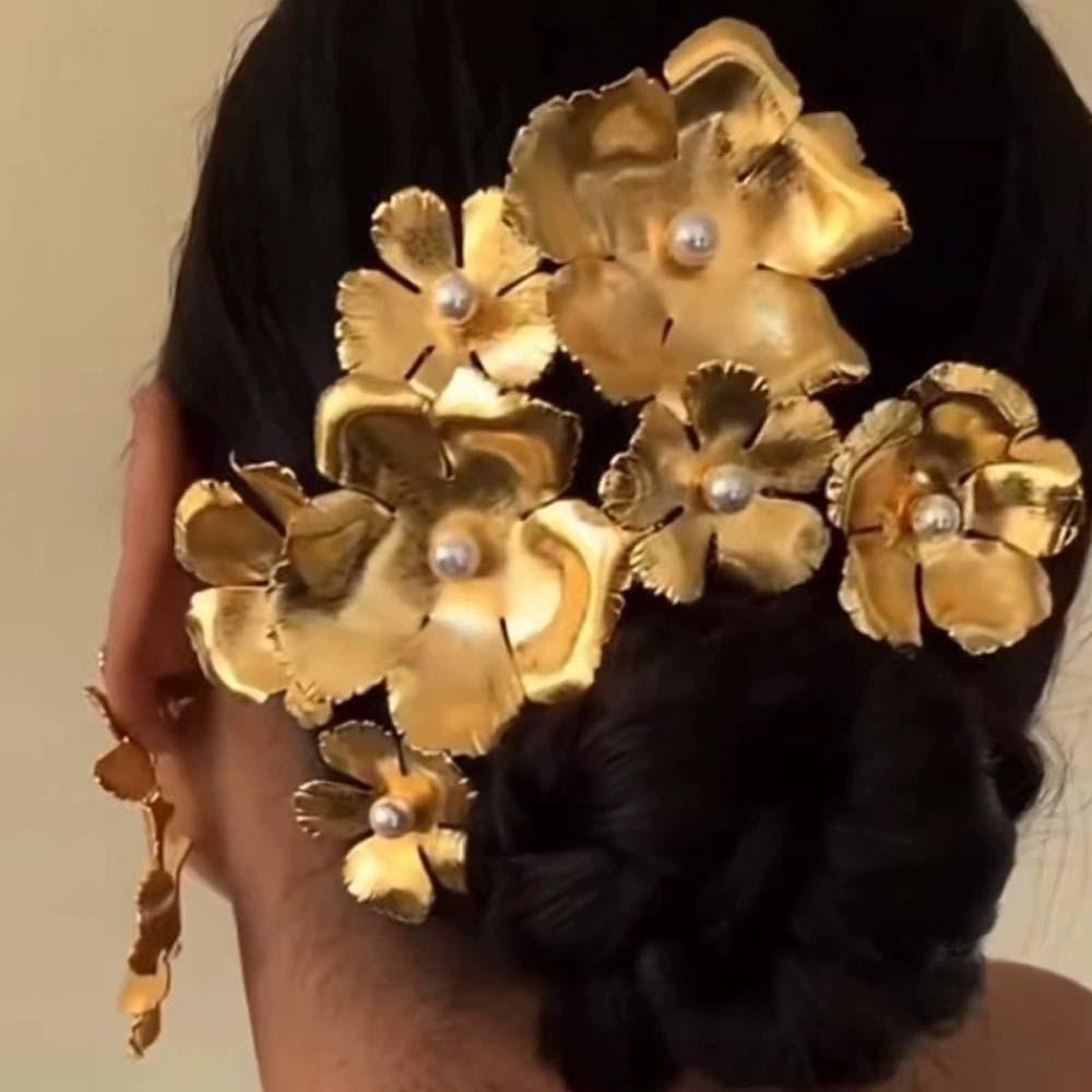 5pcs Elegant Golden Flower Hair Forks Hairstyle Tools Wave Zinc Zinc Alloy Barrettes Pearl Side Clips Wedding