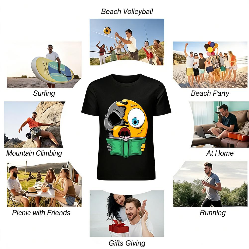 Scary Half Skull Emoji Reading Graphic Print Short Sleeve Top Pure cotton T-shirt