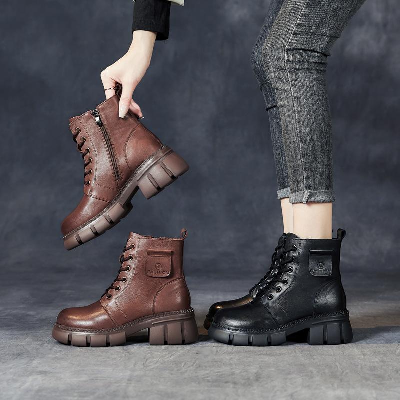 The first layer of cowhide Martin boots for women's 2025 autumn and winter new velvet thick-soled retro British style leather short boots for children