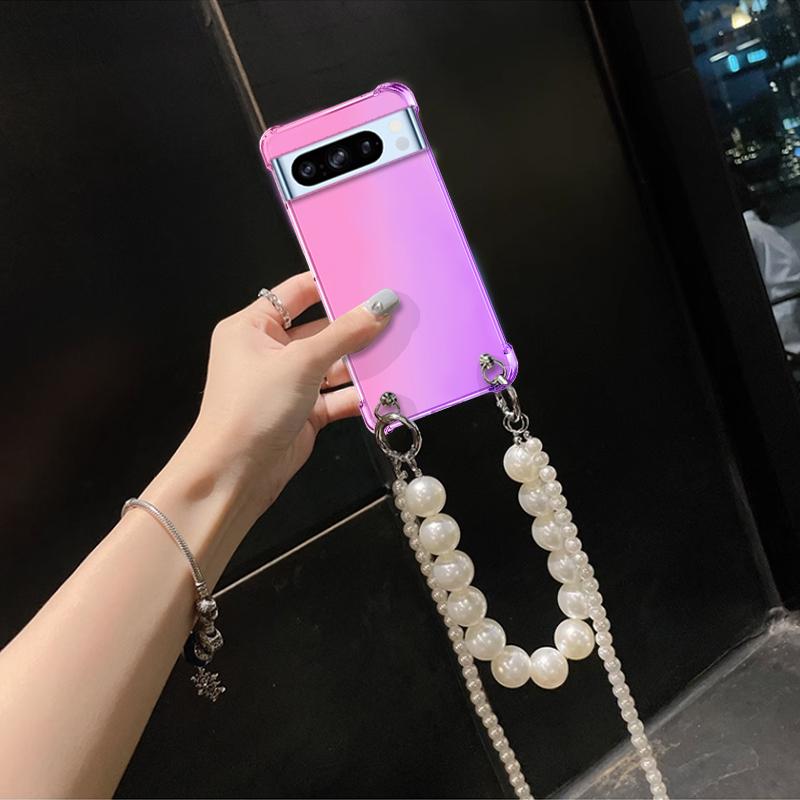 Crossbody Pearl Lanyard Case For Google Pixel 8 Pro Bracelet Chain Transparent Gradient Cases For Google Pixel 7 6A Silicone Phone Protective Cover