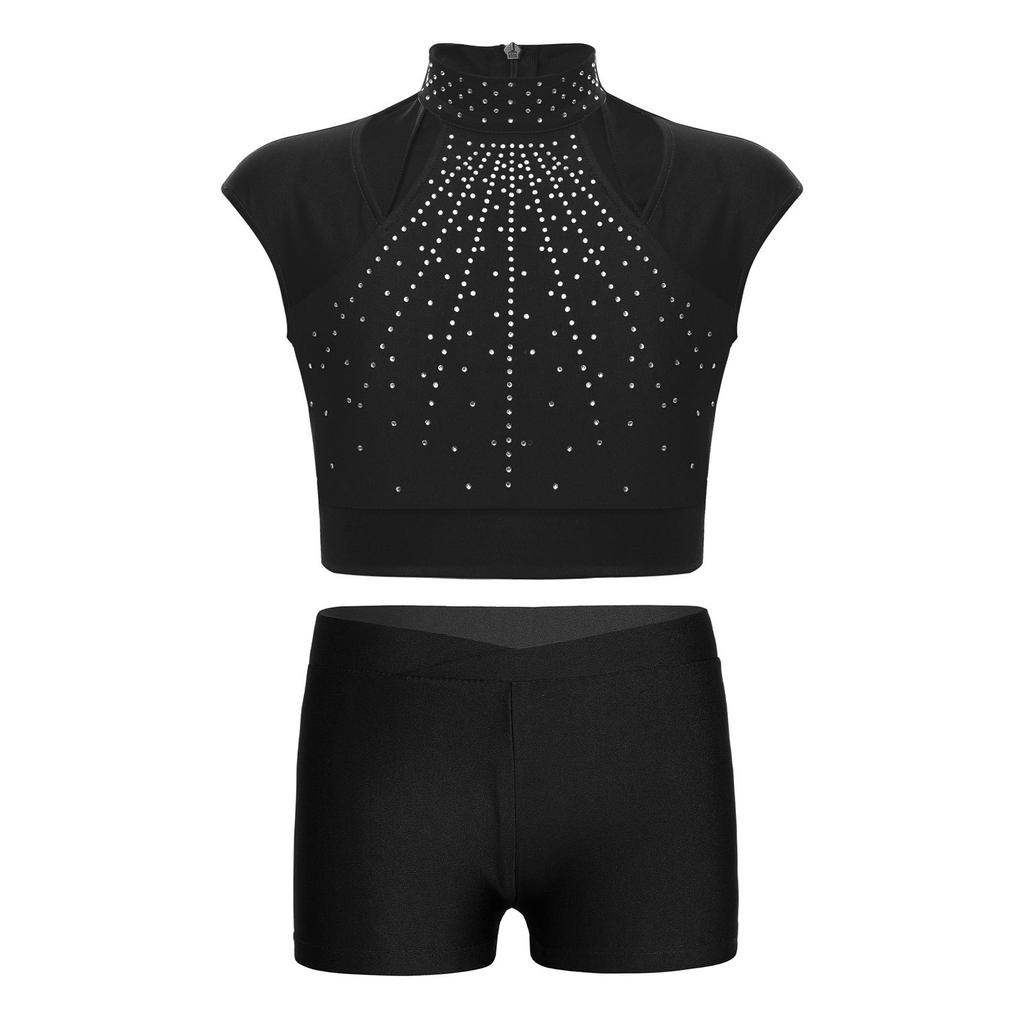 Girls Sleeveless Crop Top Shiny Rhinestones Cutout Design with V Front Waistband Shorts Dance Outfit