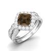 6mm Cushion Smoky Quartz 925 Sterling Silver Dual Shank Halo Accents Women Wedding Ring