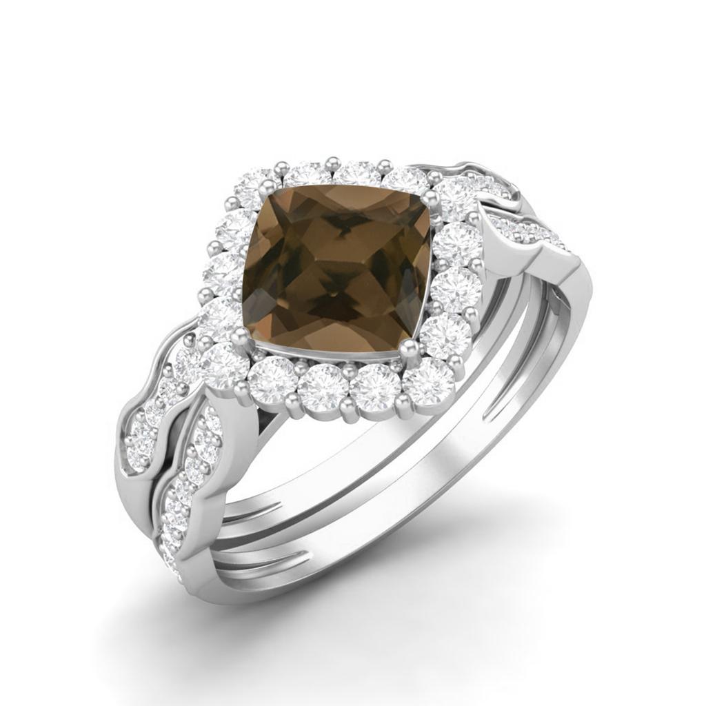 6mm Cushion Smoky Quartz 925 Sterling Silver Dual Shank Halo Accents Women Wedding Ring