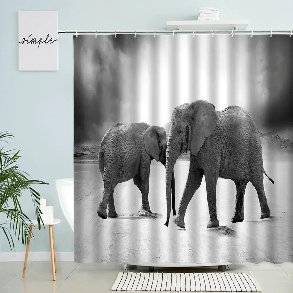 Elephant Shower Curtain Africa Wildlife Forest Natural Scenery Home Bathroom Wall Decor With Hook Waterproof Polyester Screen