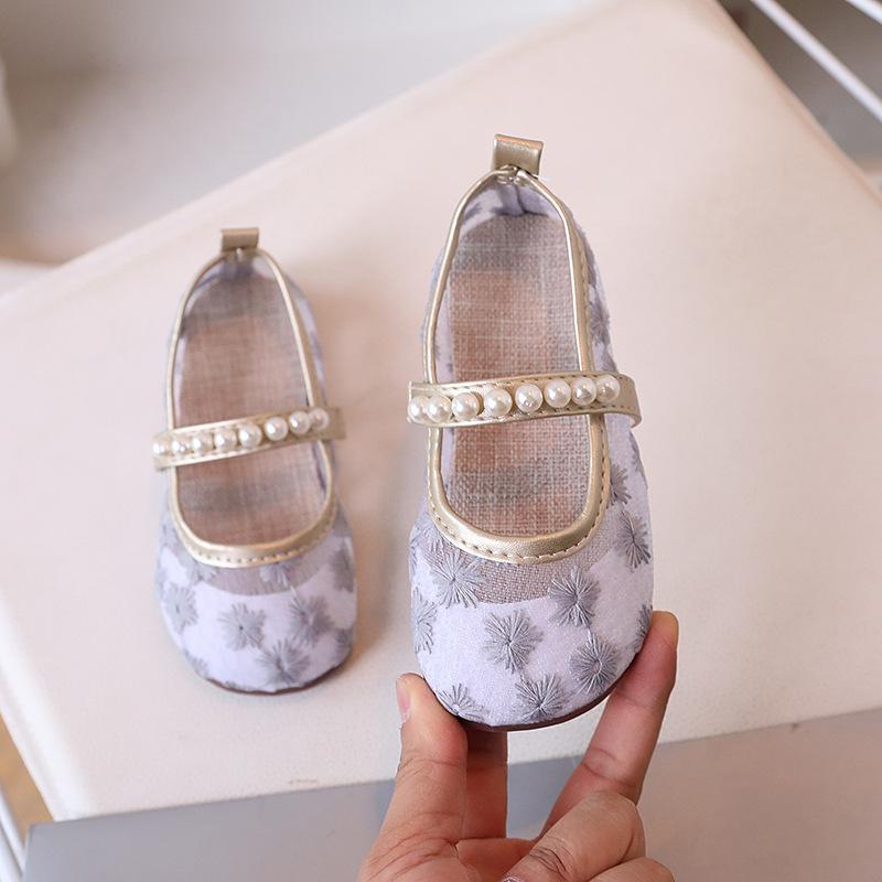 Kids Daisy Embroidery Mesh Pearl Mary Jane Flat Shoes