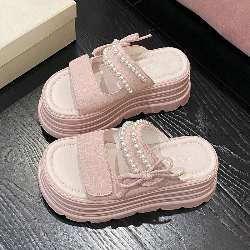 Muffin Thick-soled Heightening Cool Slippers Women's Summer Wear 2025 New Gentle Skirt Fashion Pearl High-heeled Sandals
