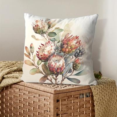 Watercolor Protea Floral Throw Pillow Cover, Soft Boho Tropical Protea Flower Print Decorative Cushion for Living Room Couch