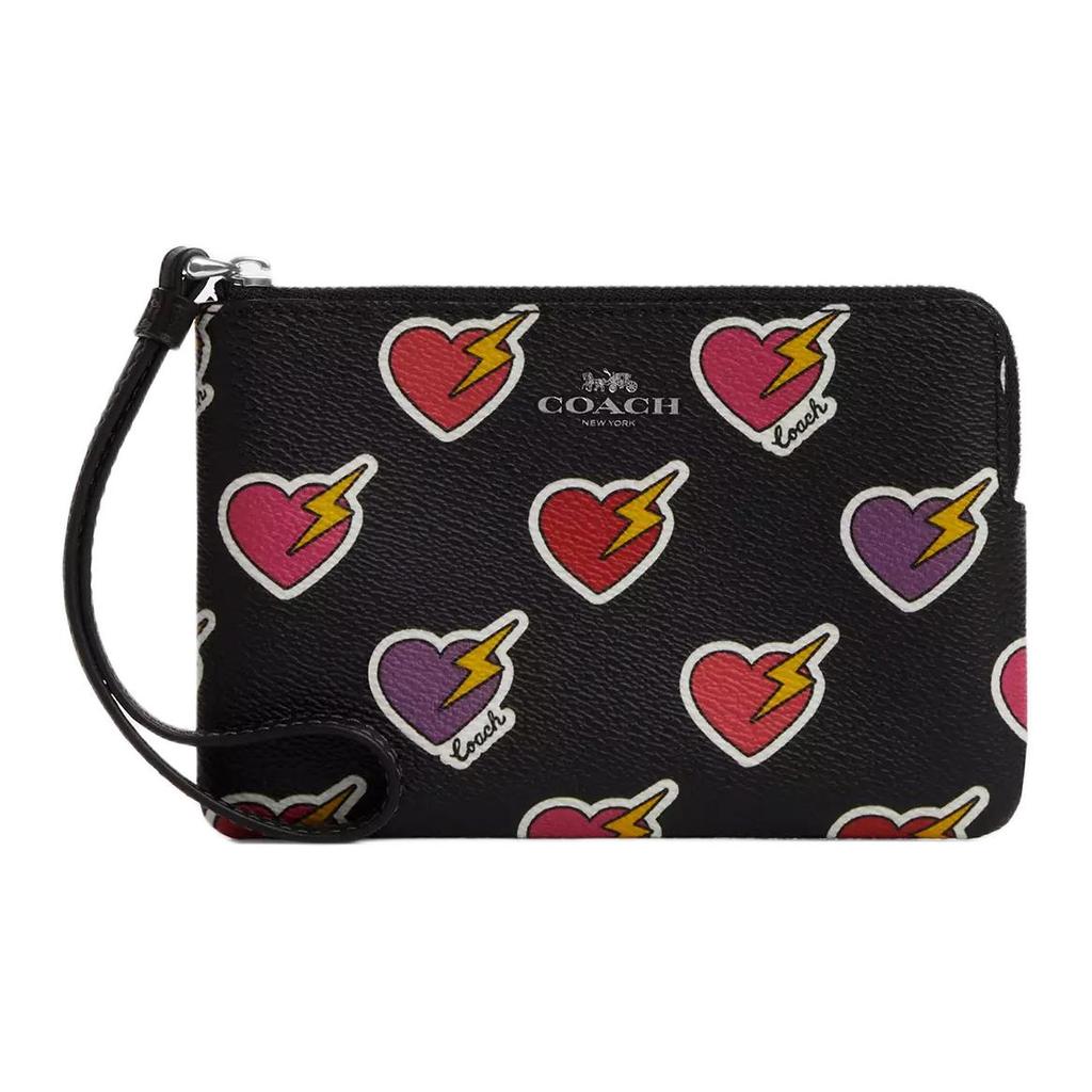 Coach Corner Zip 16 Brand Logo Heart Bolt Print Coated Canvas Wristlet Clutch Small Women Wristlet Black CW857-SVA47