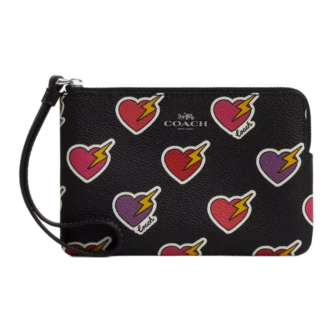 

Coach Corner Zip 16 Brand Logo Heart Bolt Print Coated Canvas Wristlet Clutch Small Women Wristlet Black CW857-SVA47 Basic Set (Bag+Dust Bag)
