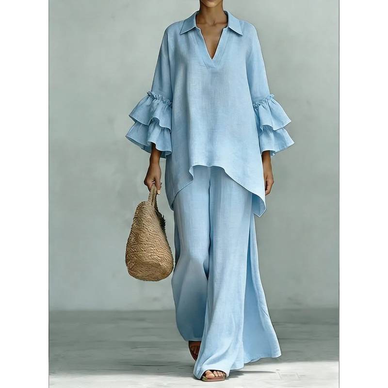 Bohemian Style Casual Twopiece Pants Suit With Spliced Cotton Linen For Women Summer Comfort