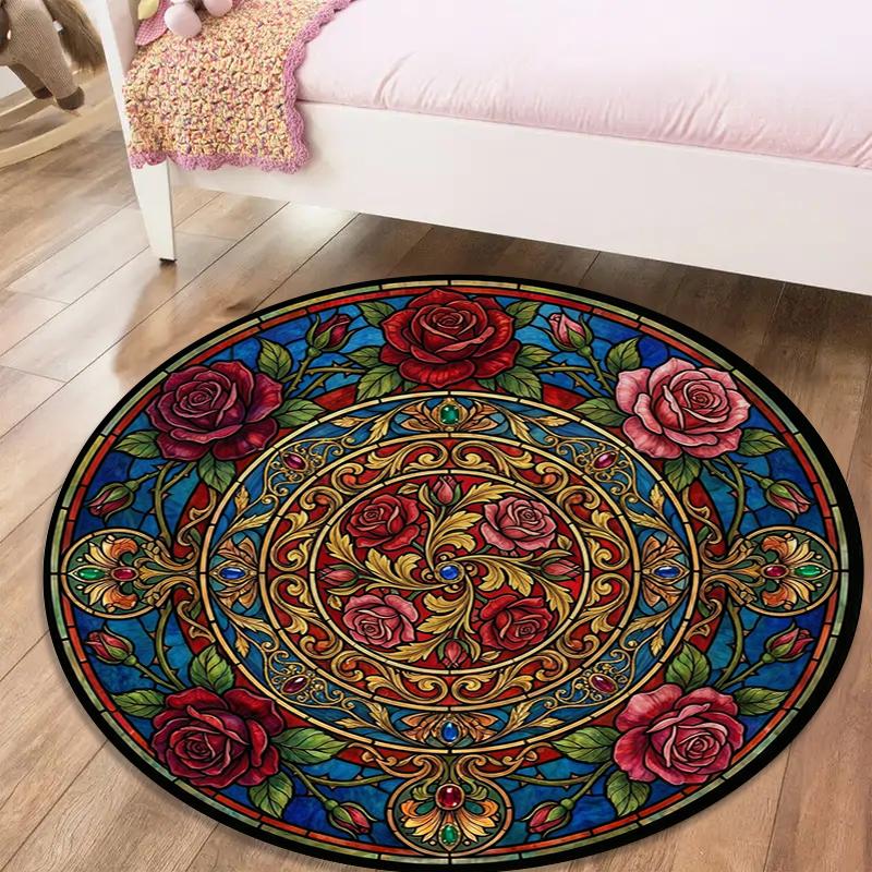 Vintage Rose Runder Teppich, Teppich für Wohnzimmer Schlafzimmer Sofa Spielzimmer Dekor, Rutschfeste Bodenmatte109