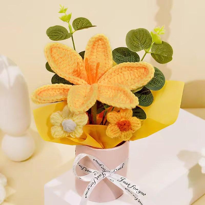 Knitted Flower Bouquet Finished Crochet Rose Bouquet Valentine'S Day Wedding Decor Handmade Artificia Flower Package Bag Gift