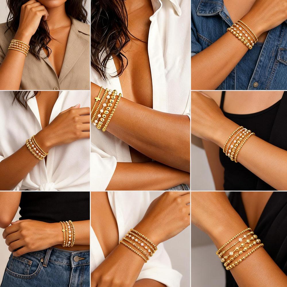 Women's Stainless Steel Beaded Ball Bracelet, Pearl Bracelet, Non-Tarnish Stackable Jewelry Adjustable Wedding Accessories