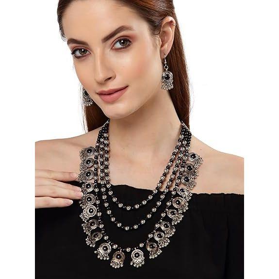 Latest Stylish Fancy Oxidized Traditional Oxidised Necklace Jewellery Set for Women (Black)