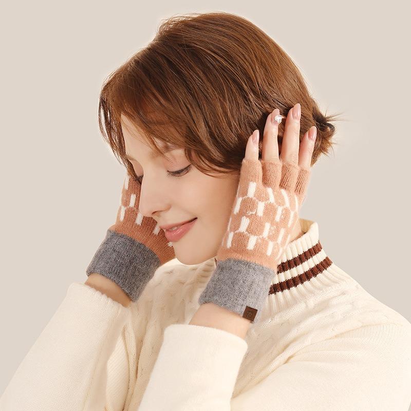 Half-finger gloves autumn and winter women's wool to keep warm cute student versatile dew finger winter knitting leak five fingers