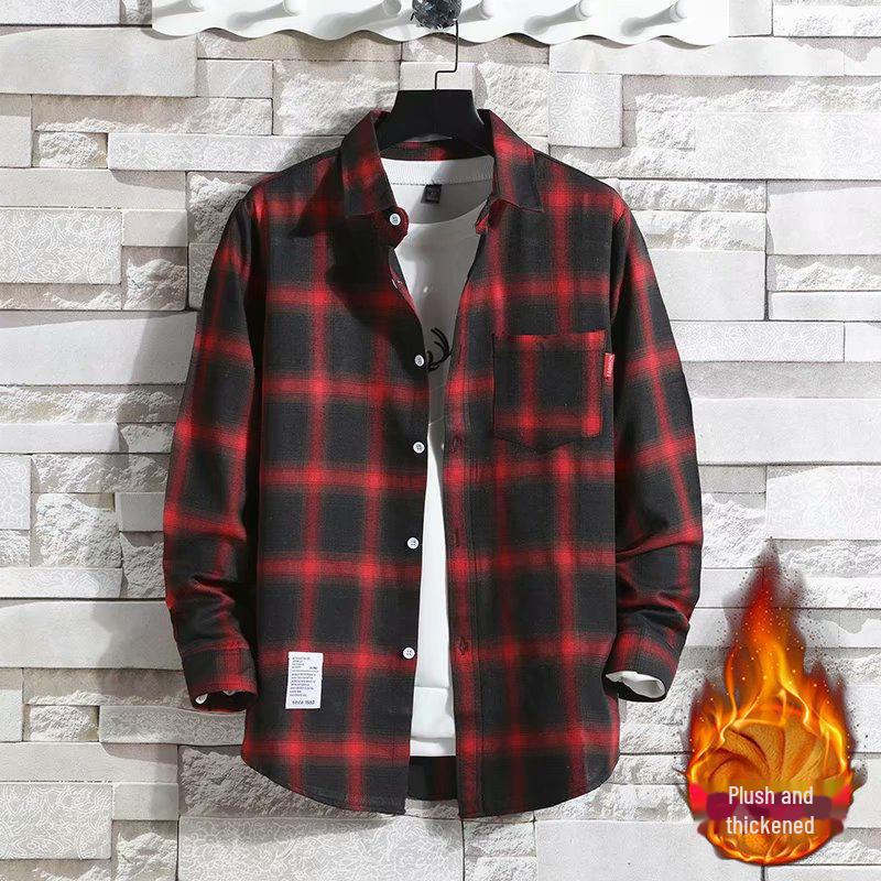 2023 Men's Plus Velvet Warm Plaid Shirt: Thick, Brushed, Slim Fit, Casual Korean Style.