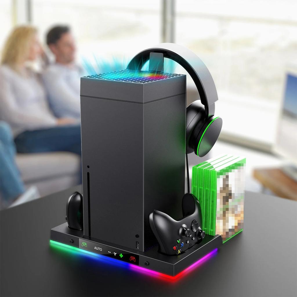 Stație de încărcare pentru consolă Xbox, Stație cu control inteligent al temperaturii + Ventilator de răcire superior cu suport cu lumină RGB