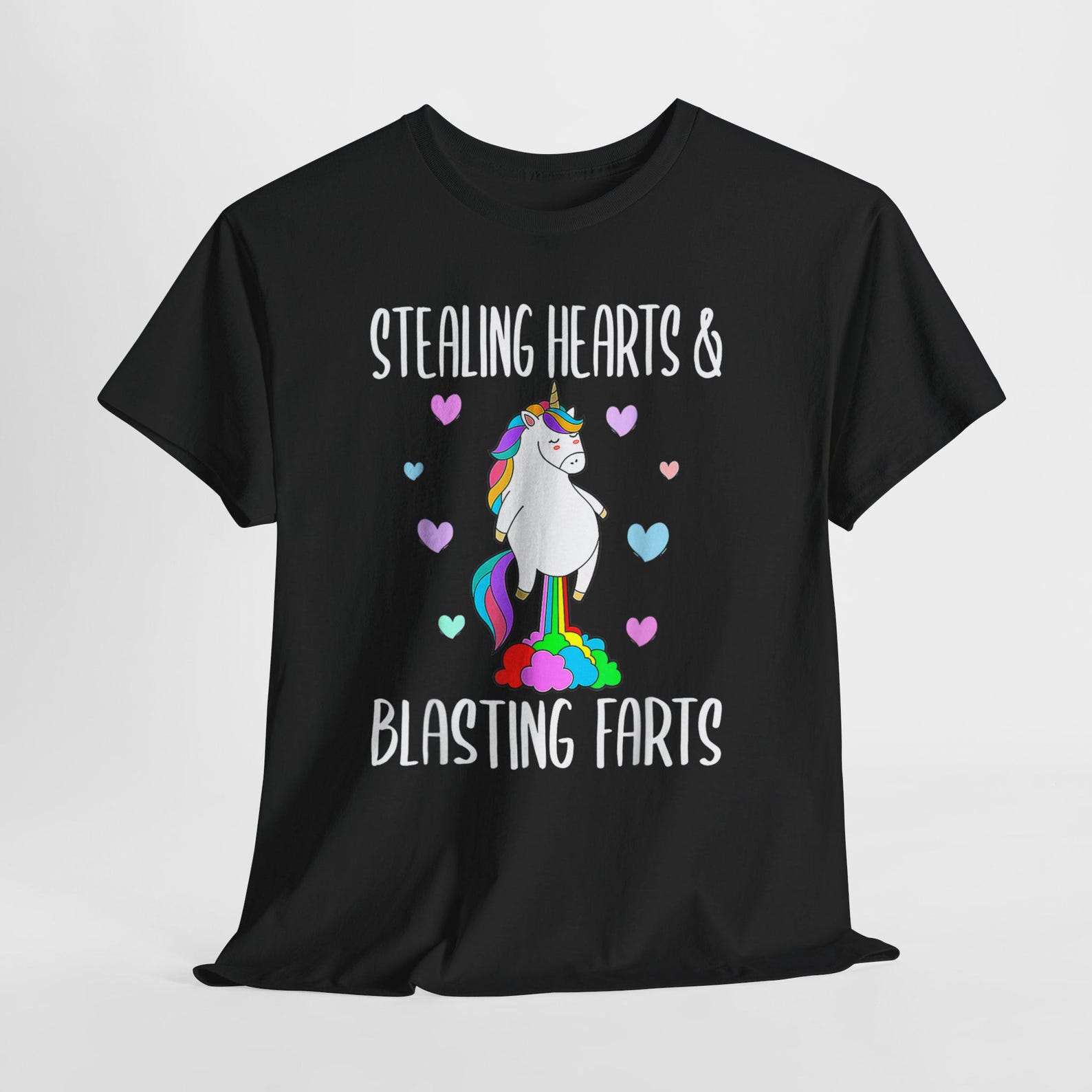 Stealing Hearts Blasting Farts Unicorn Shirt, Funny Meme Cute Unicorn Graphic Tee, Silly Rainbow Animal Humor T Shirt Gift 4XL