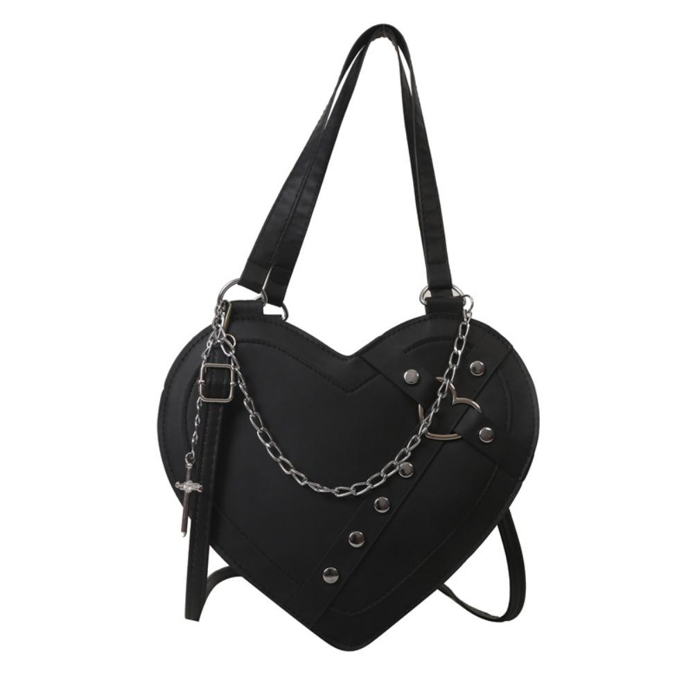 

Y2K PU Leather Black Shoulder Bag Chain Rivet Heart Shaped Women Crossbody Bag Large Capacity Portable Gothic Tote Bag Girls чёрный