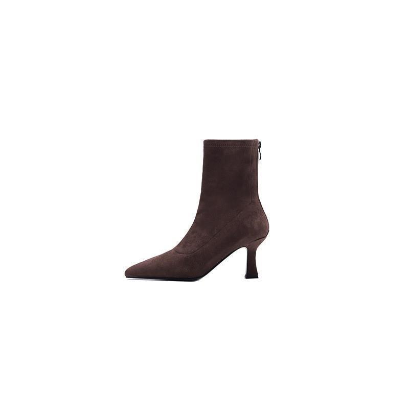 Women'S Shoes Brown Short Boots Women'S High Heels Autumn And Winter Versatile French Thin Heel Elastic Boots Suede Pointed Thin