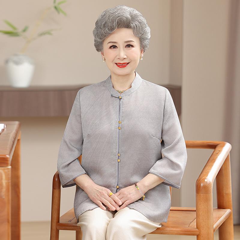 

Elegant Stand Collar 7-Sleeve Shirt for Middle-Aged & Elderly Women—Lightweight & Loose Fit L (recommended 80-100 jin) синий