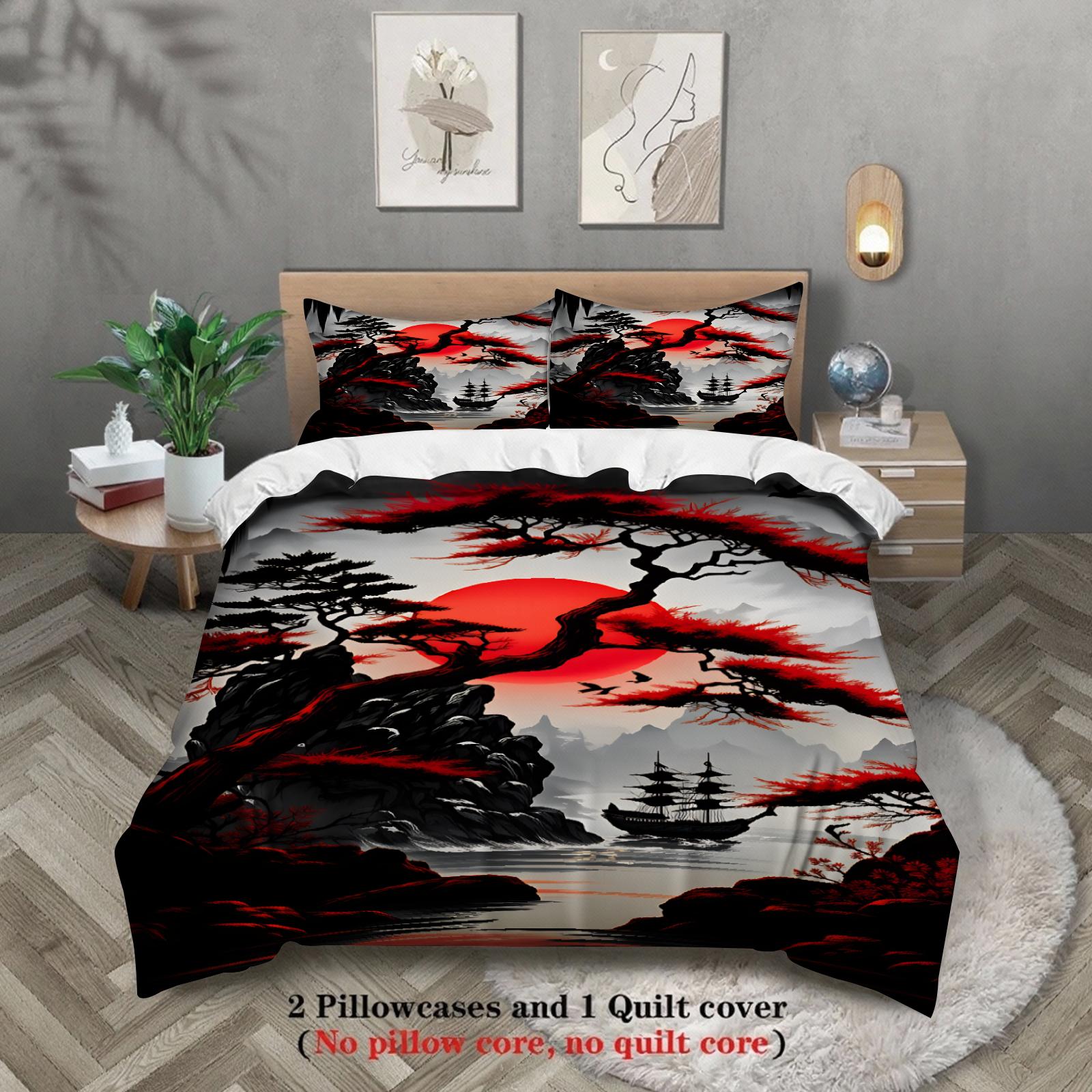 

3pcs Japanese Landscape Bedding Sets 3D Printed Red Sunset And Pine Tree Duvet Cover Sets With Pillowcases No Filling AU Single(140x210cm)