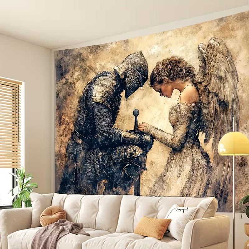 2D Gothic Knight and Angel Tapestry, Vintage Fantasy Wall Art for Living Room Decor