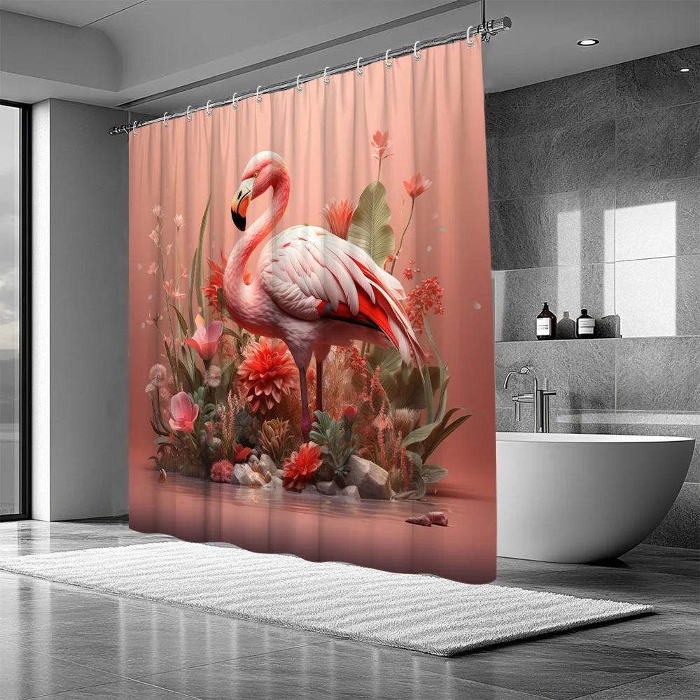1Pc Elegant Flamingo Animal Print Shower Curtain Bathtub Partition Hanging Fabric With Floral Pattern, Polyester Material,