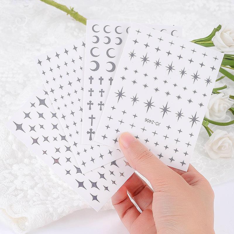 Liquid Metal Silver Series Nail Art Sticker Pentagram Moon Quadrangram Sticker Nail Art Comes With Background Nail Sticker