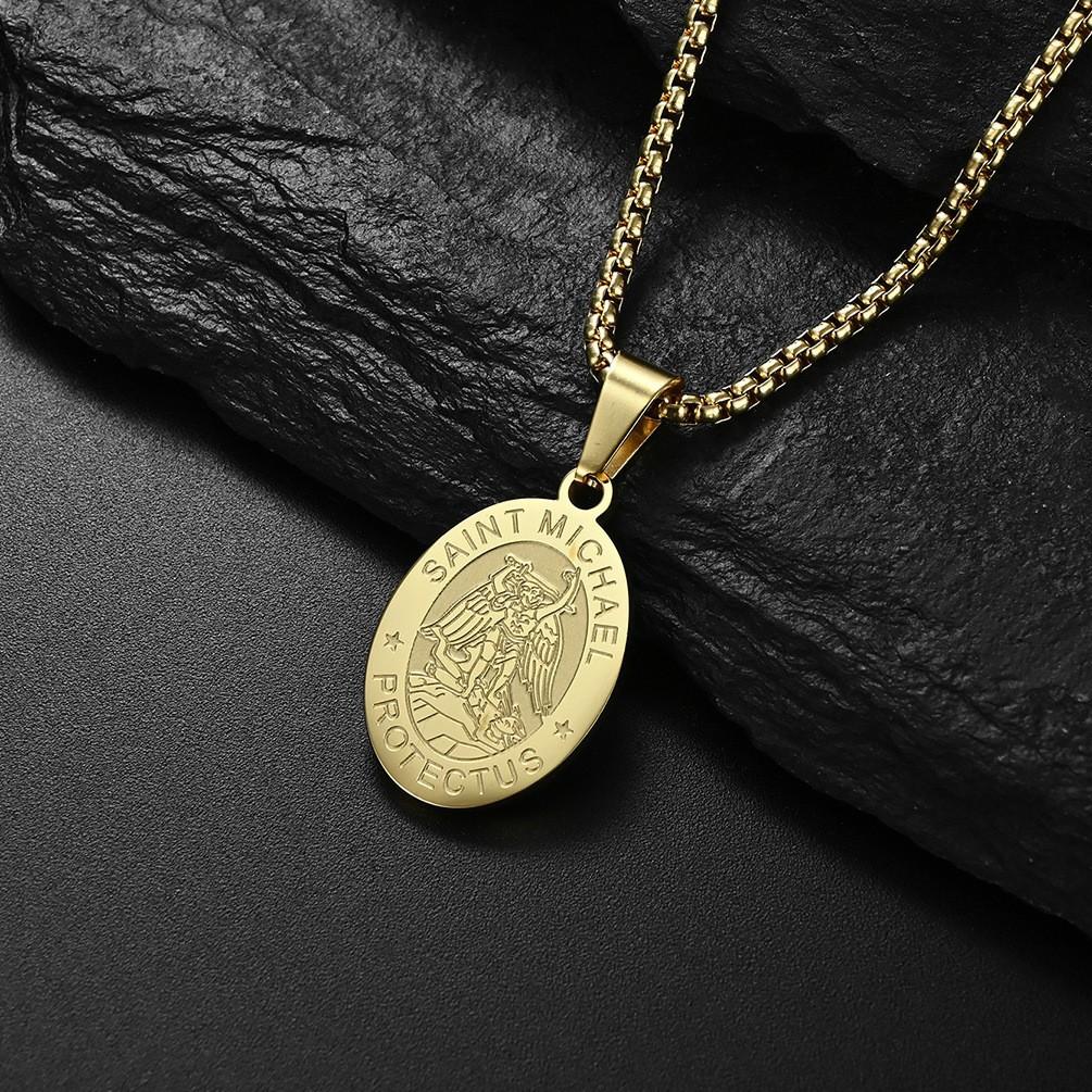 Men's Summer Trendy Black Saint Michael Pendant Necklace