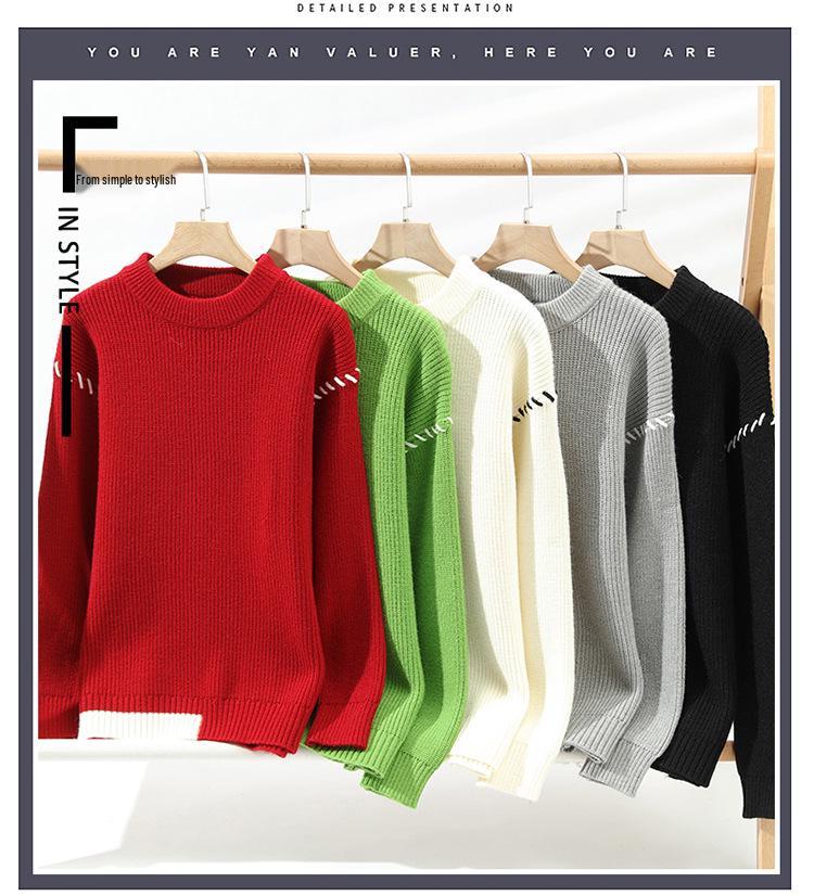 Men's Thickened Red Sweater for Autumn/Winter - Warm, Knitted, Round Neck, Trendy Base Layer