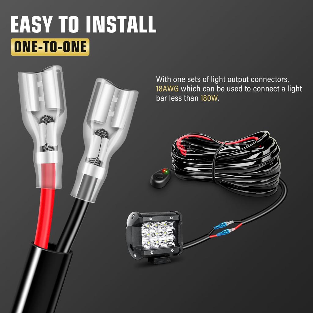 RIGIDON LED Light Bar Wiring Harness Kit 18AWG Rocker Switch Power Relay