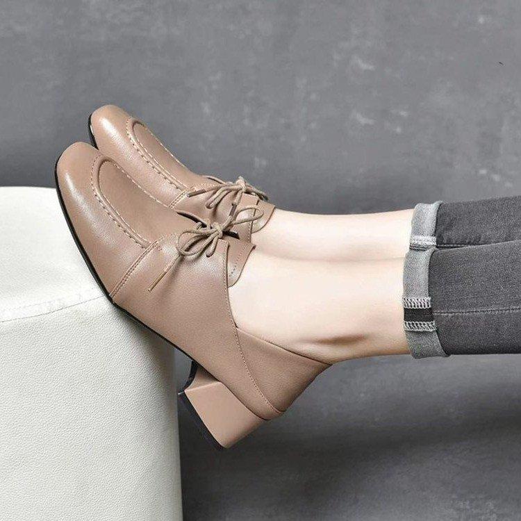 Square head thick heel women's shoes work shoes 2025 spring new single shoes lace-up versatile comfortable deep mouth loafers